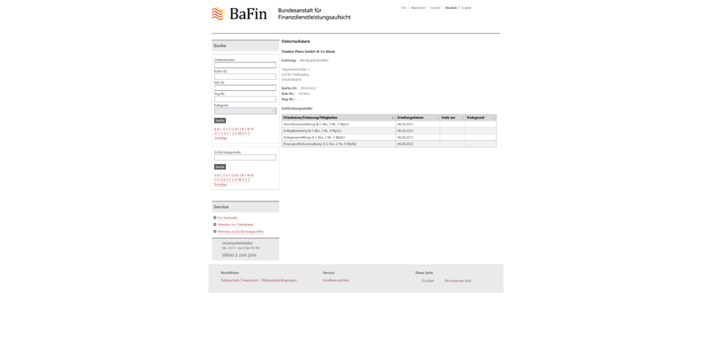 BaFin Lizenz von Traders Place
